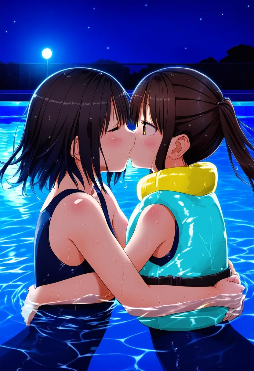 百合カップルの深夜プールデート