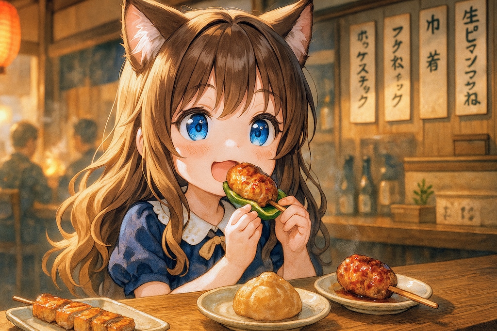 生ピーマンとつくねを焼鳥屋で食べる小さな女の子