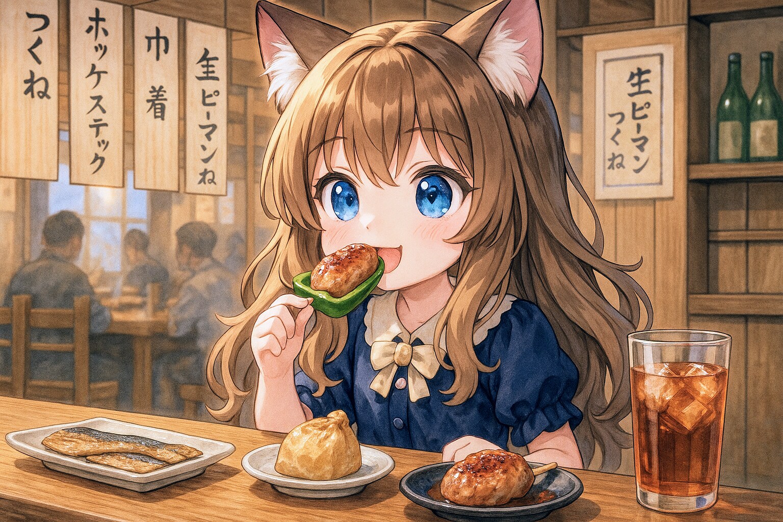 生ピーマンとつくねを焼鳥屋で食べる小さな女の子 | の人気AIイラスト・グラビア