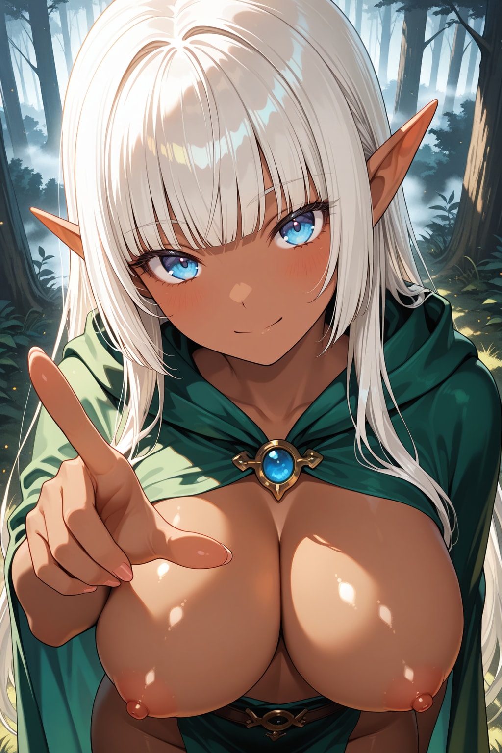 この森の霧、すごく濃いわ……迷わないように、ちゃんと私の後ろについてきてね？ ふふっ……でもこのおっぱいがあったら、あなたの集中力、ちゃんとここから離れられなくなっちゃうんじゃない？♡
