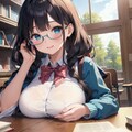夏の図書館と黒髪眼鏡の女子学生。 2枚目