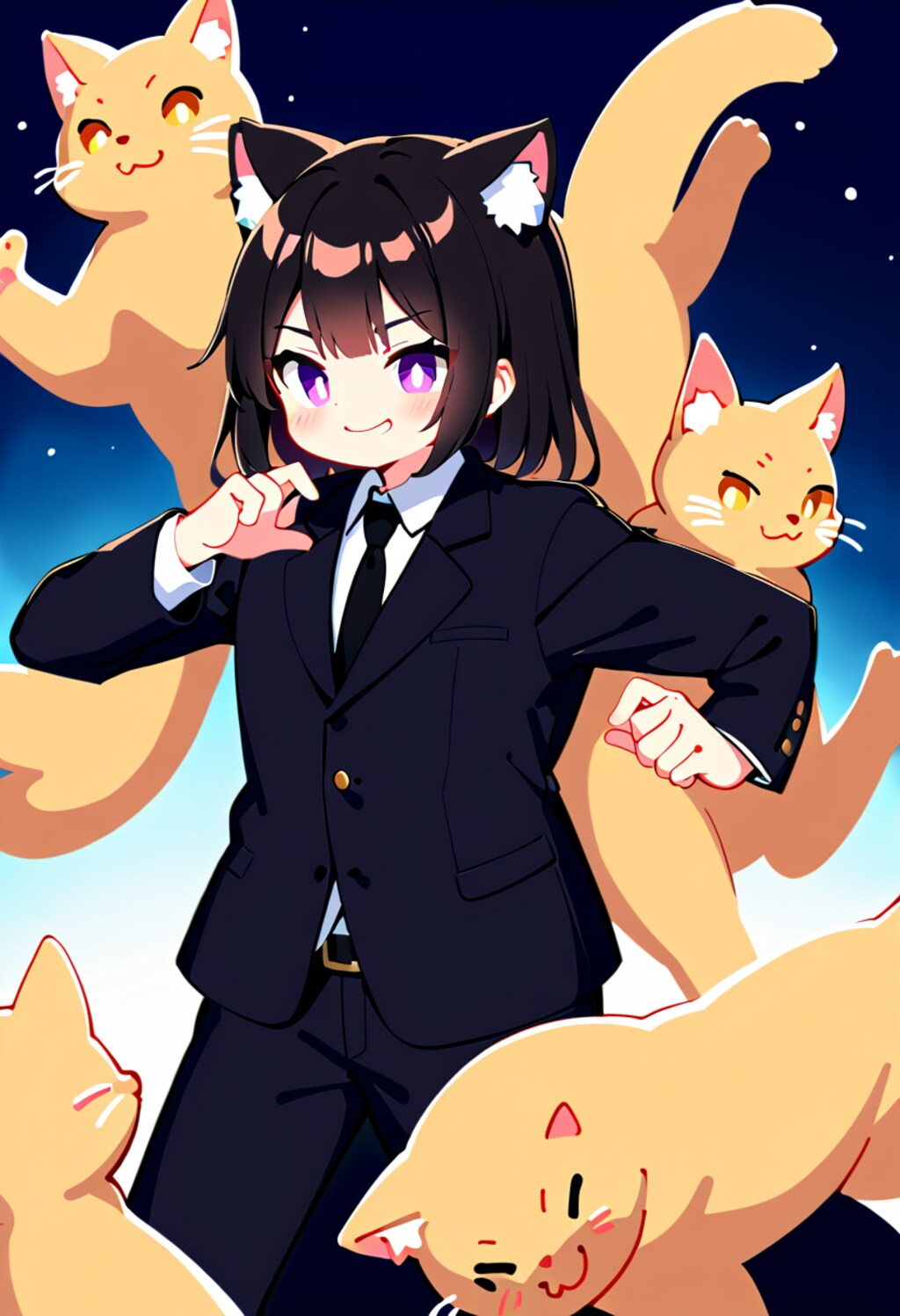 アニメ塗りな、猫の日の黒髪セミロング女性★(3枚)