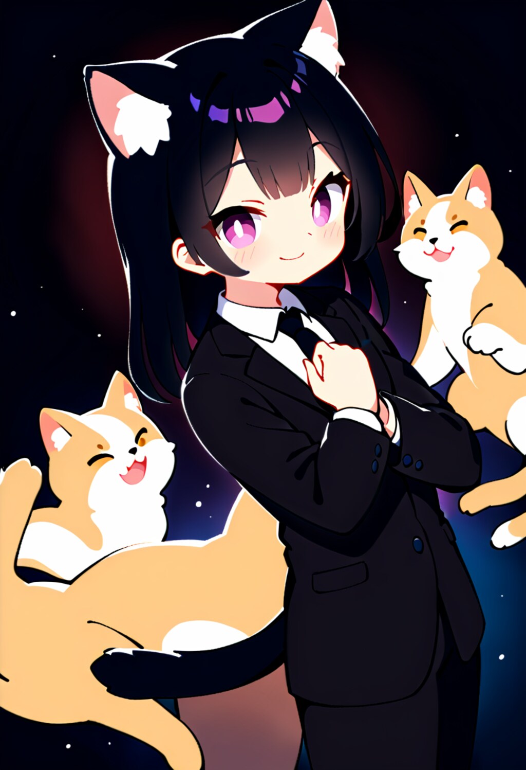 アニメ塗りな、猫の日の黒髪セミロング女性★(3枚)