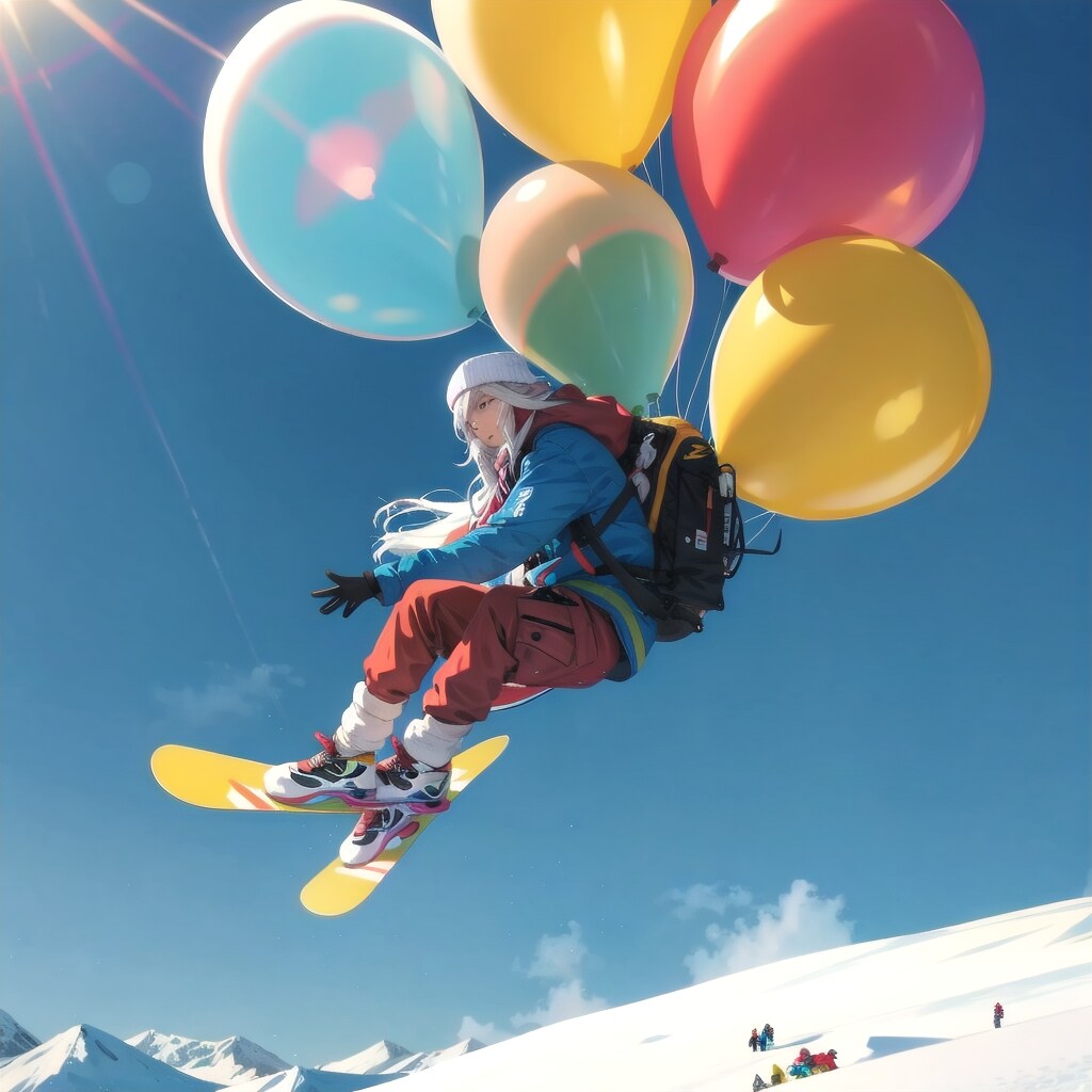 いっぱい色とりどりの巨大風船を持つ白い髪ロングのスノーボード選手の美女