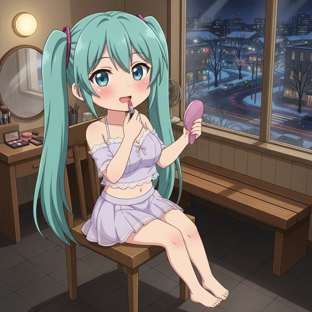 みどツイさん。お風呂上がり。メイク中。冬。アニメ風。chibi.
