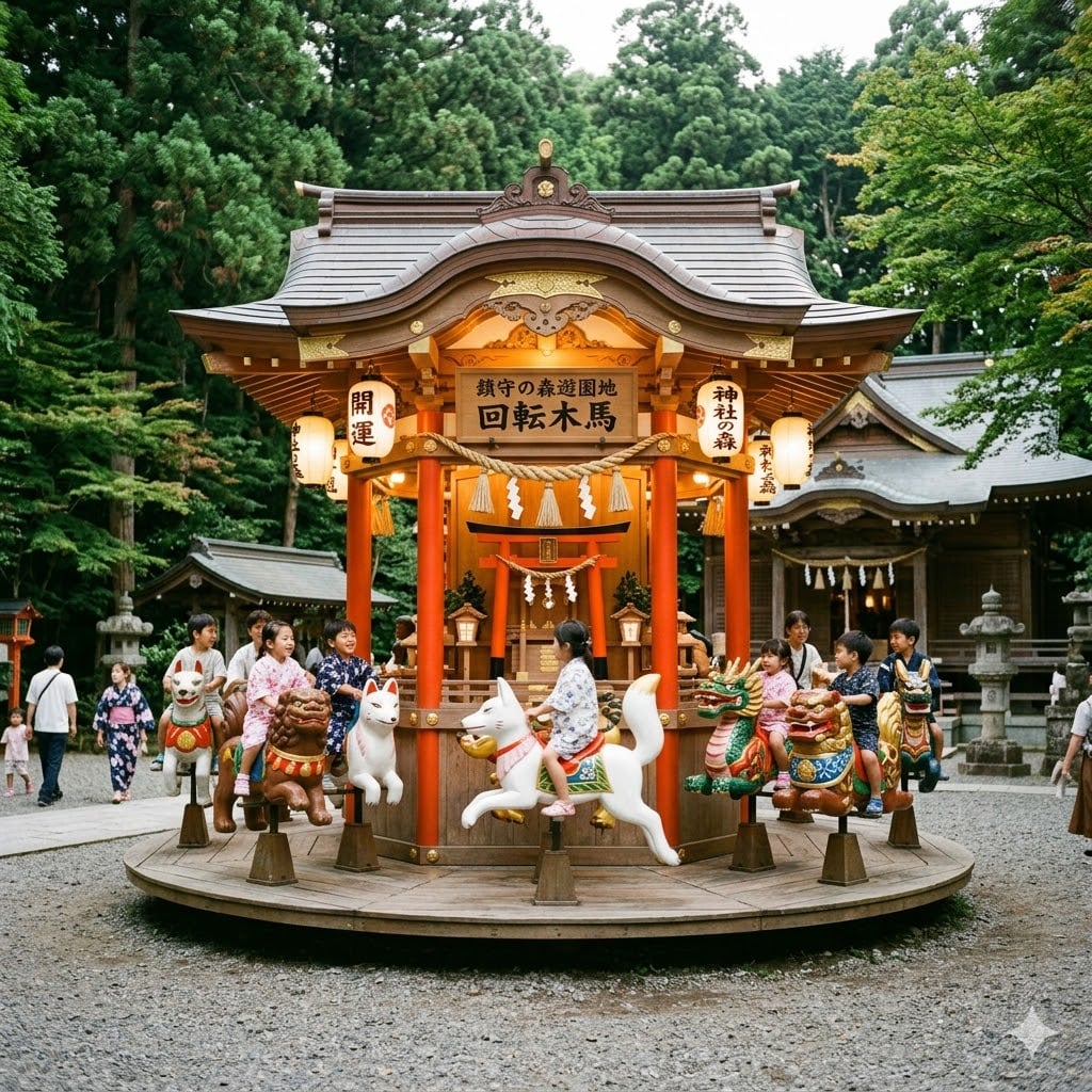 神社ぽい回転木馬と観覧車