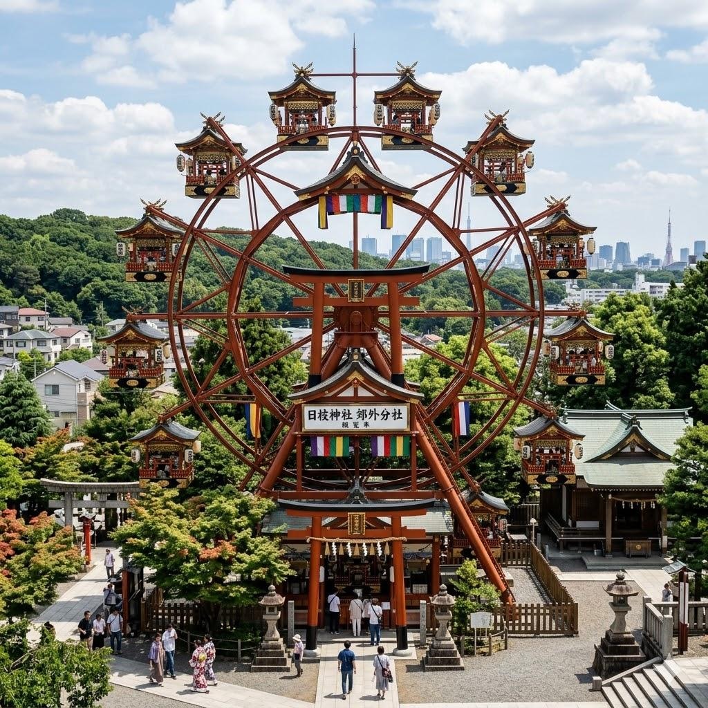 神社ぽい回転木馬と観覧車