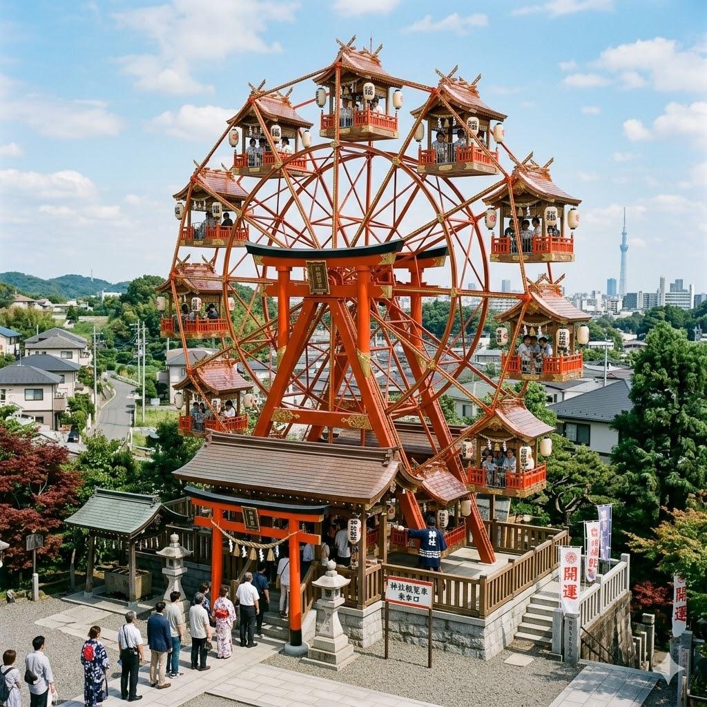 神社ぽい回転木馬と観覧車
