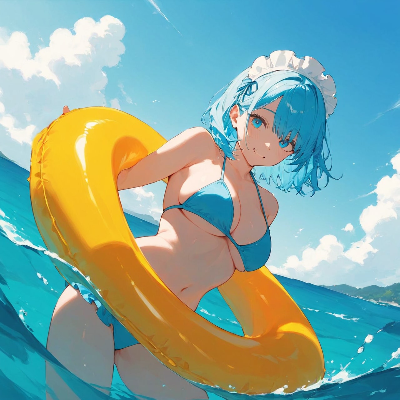 海ではしゃぐメイドさん