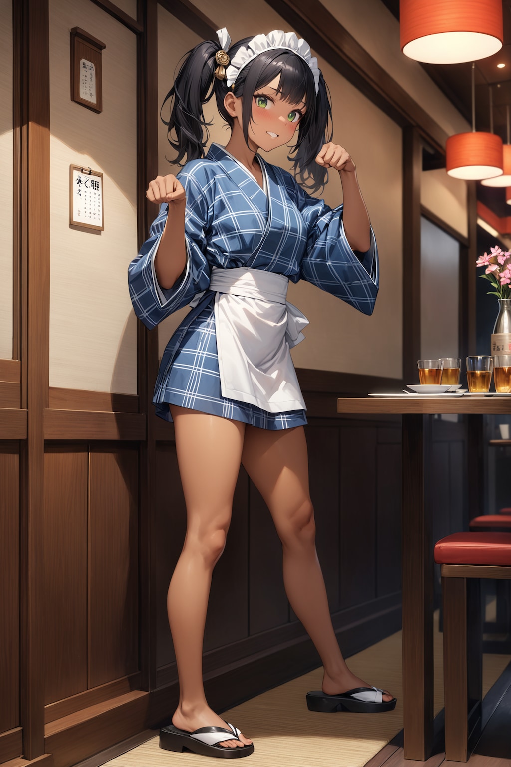 ミニ丈浴衣の褐色肌ウェイトレスさん Y805