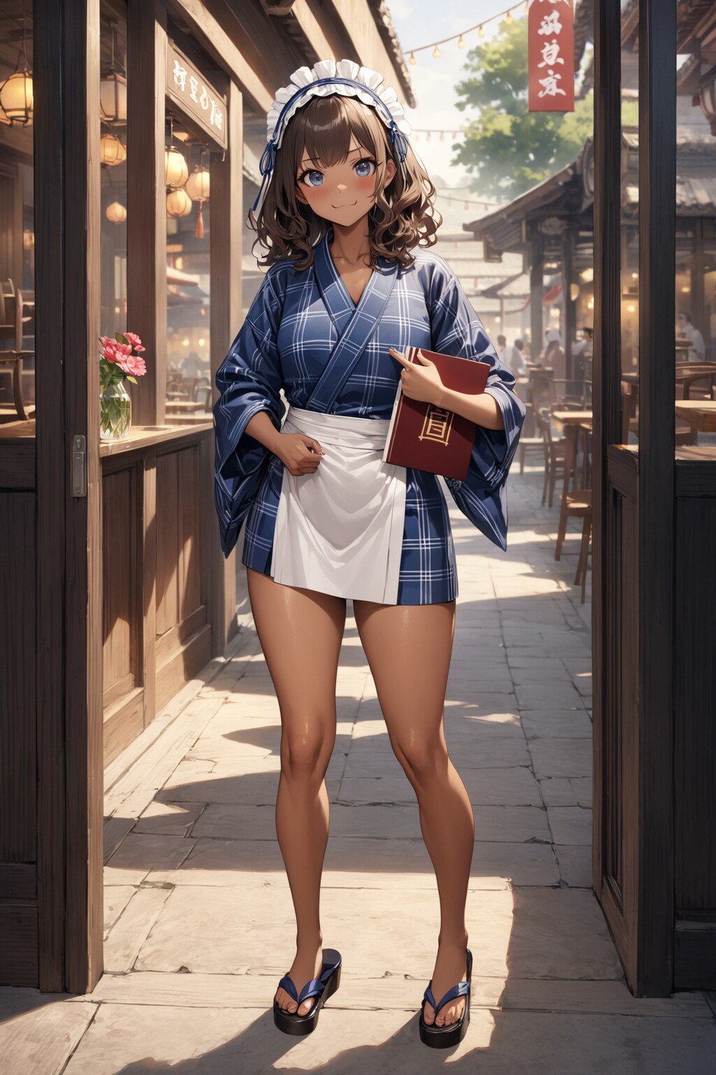 ミニ丈浴衣の褐色肌ウェイトレスさん Y805