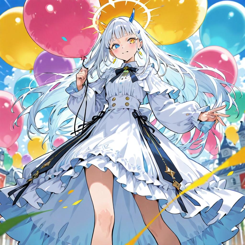 いっぱい色とりどりの風船を持つ白い髪ロングオッドアイの民族衣装着た美女 | の人気AIイラスト・グラビア