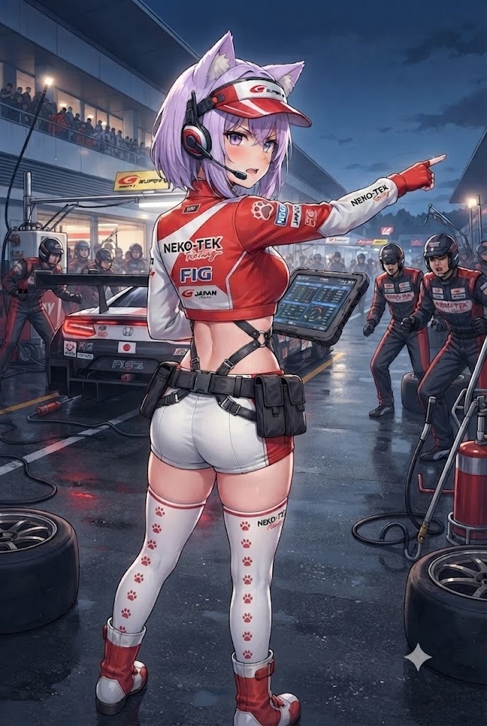 ピットで指示を出すレースアンバサダーのシス