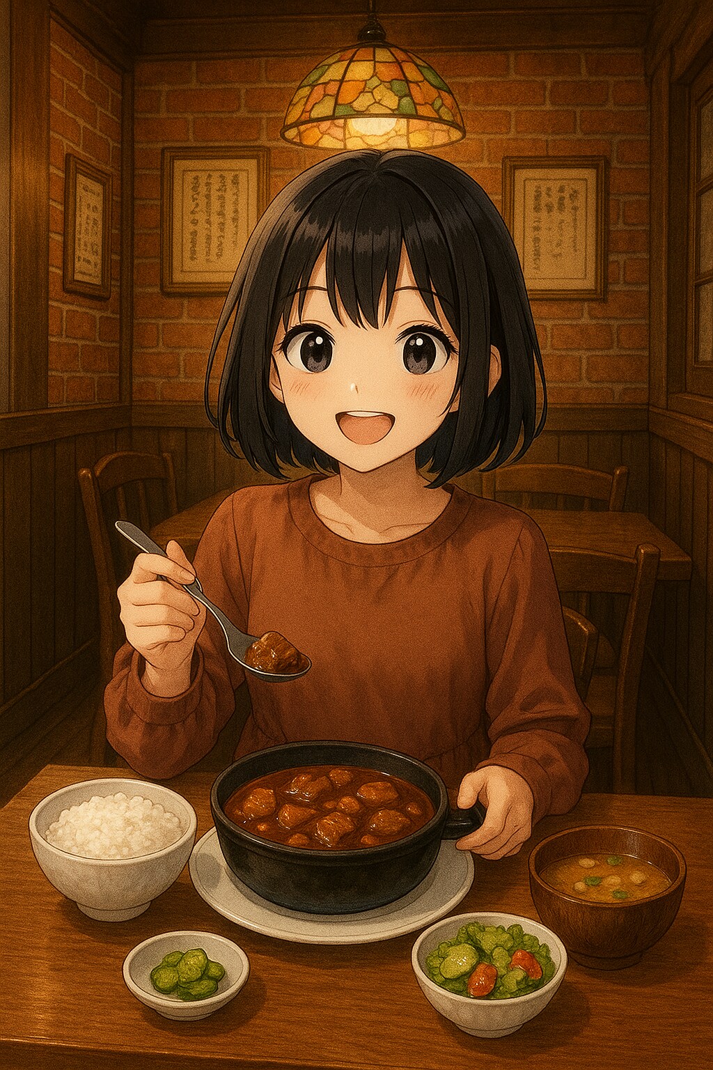 ビーフシチュー定食を食べている女の子