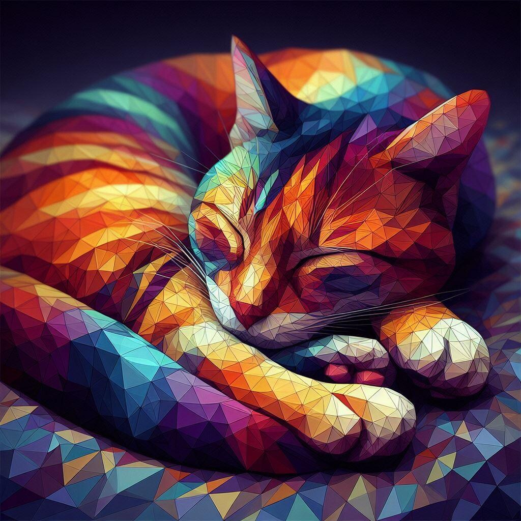 体をまるくして寝ているカラフルな猫のローポリゴンの水彩