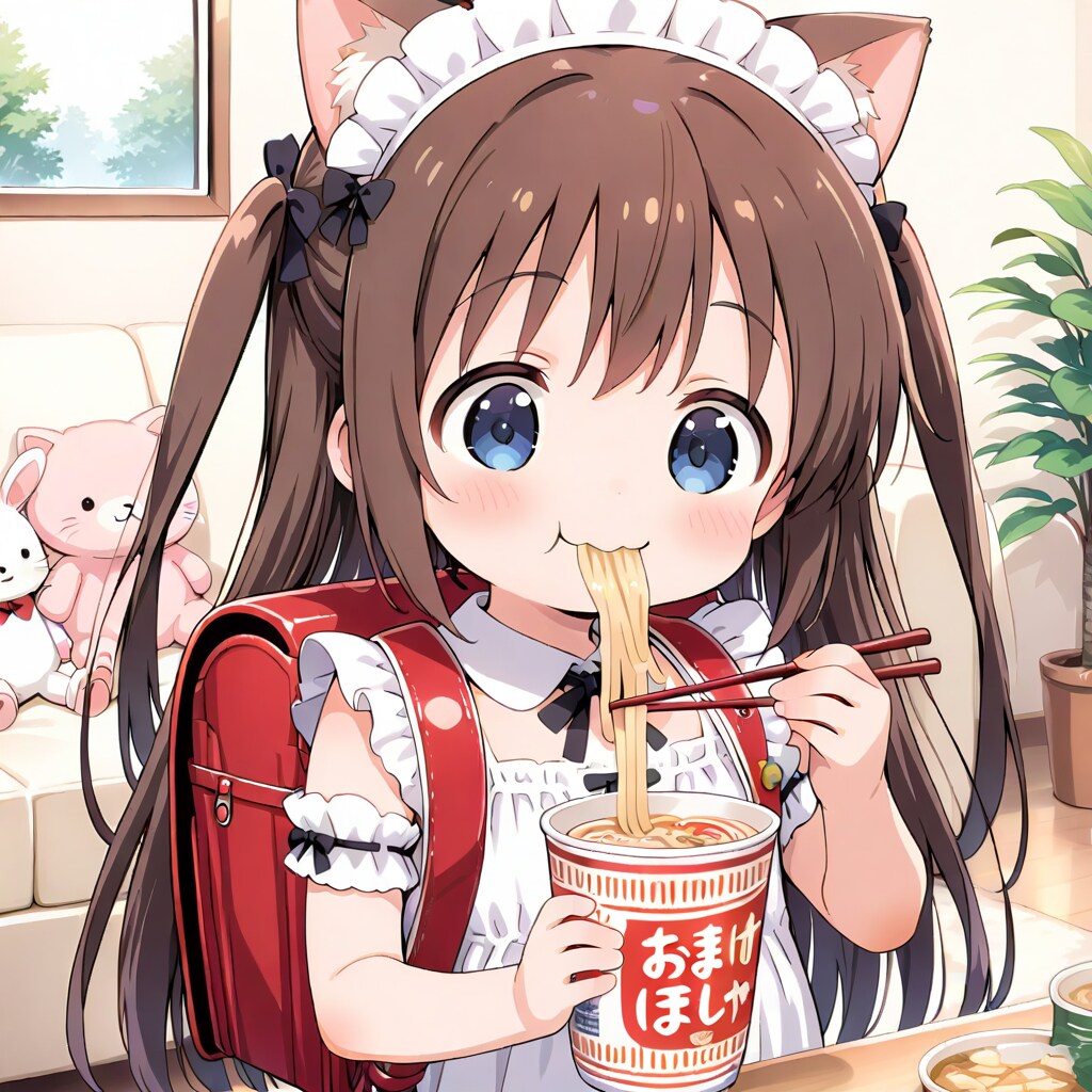 カップヌードルを食べるメイドランドセルの小さな女の子