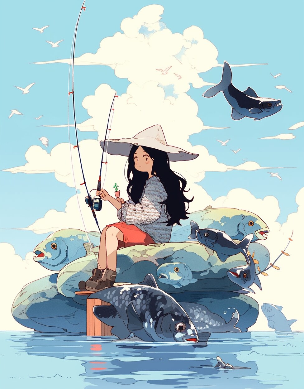 😴🐟夢の中で涼しく釣りをする少女2🐟😴✨🌈
