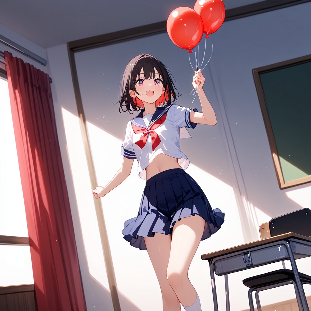 教室で赤い風船を持つ黒髪のセーラー服の美少女。 | の人気AIイラスト・グラビア