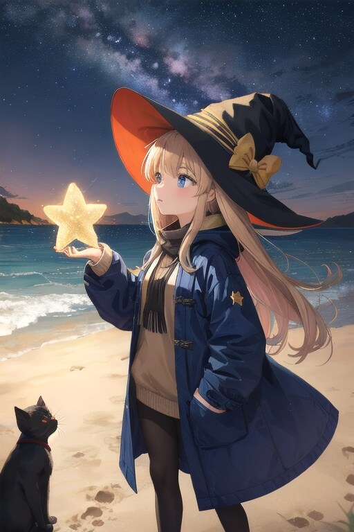 砂浜の魔女と星空と星 | の人気AIイラスト・グラビア