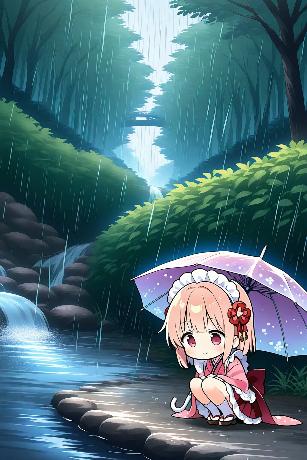 雨降りの小川を見つめるちびメイドちゃん