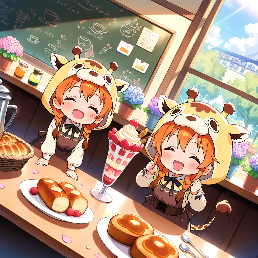 パフェとスイーツでにっこりキリンフーディーちび子ちゃん | の人気AIイラスト・グラビア