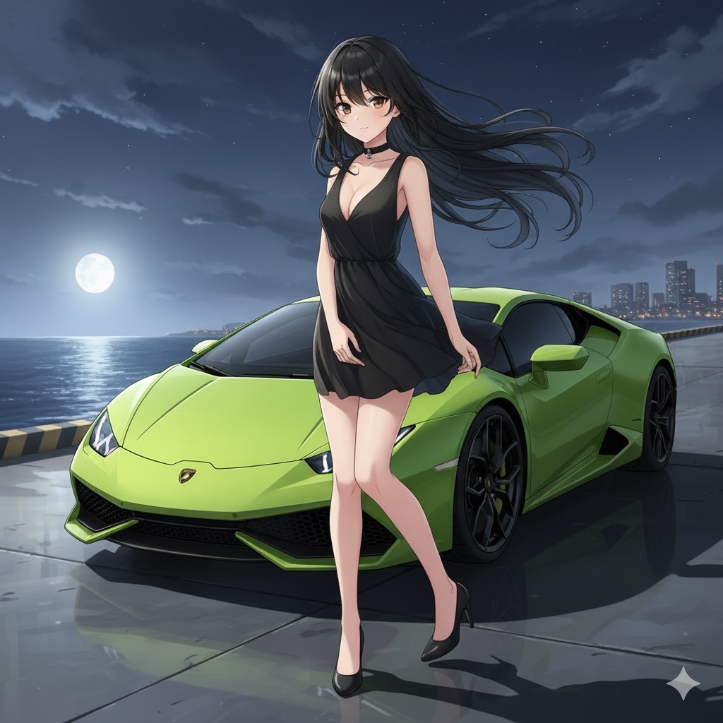 黒ワンピースの女性とランボルギーニ・ウラカン