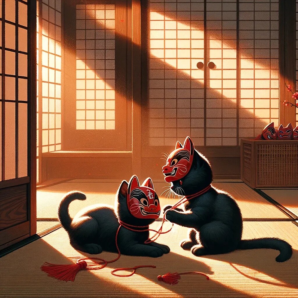 赤鬼のお面をつけた黒ねこ