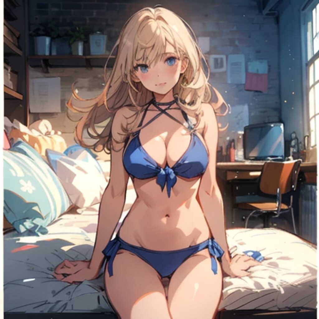 ビキニ水着の巨乳の金髪の女性