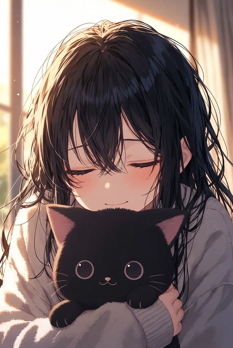 黒髪ロング　ネコをぎゅっと