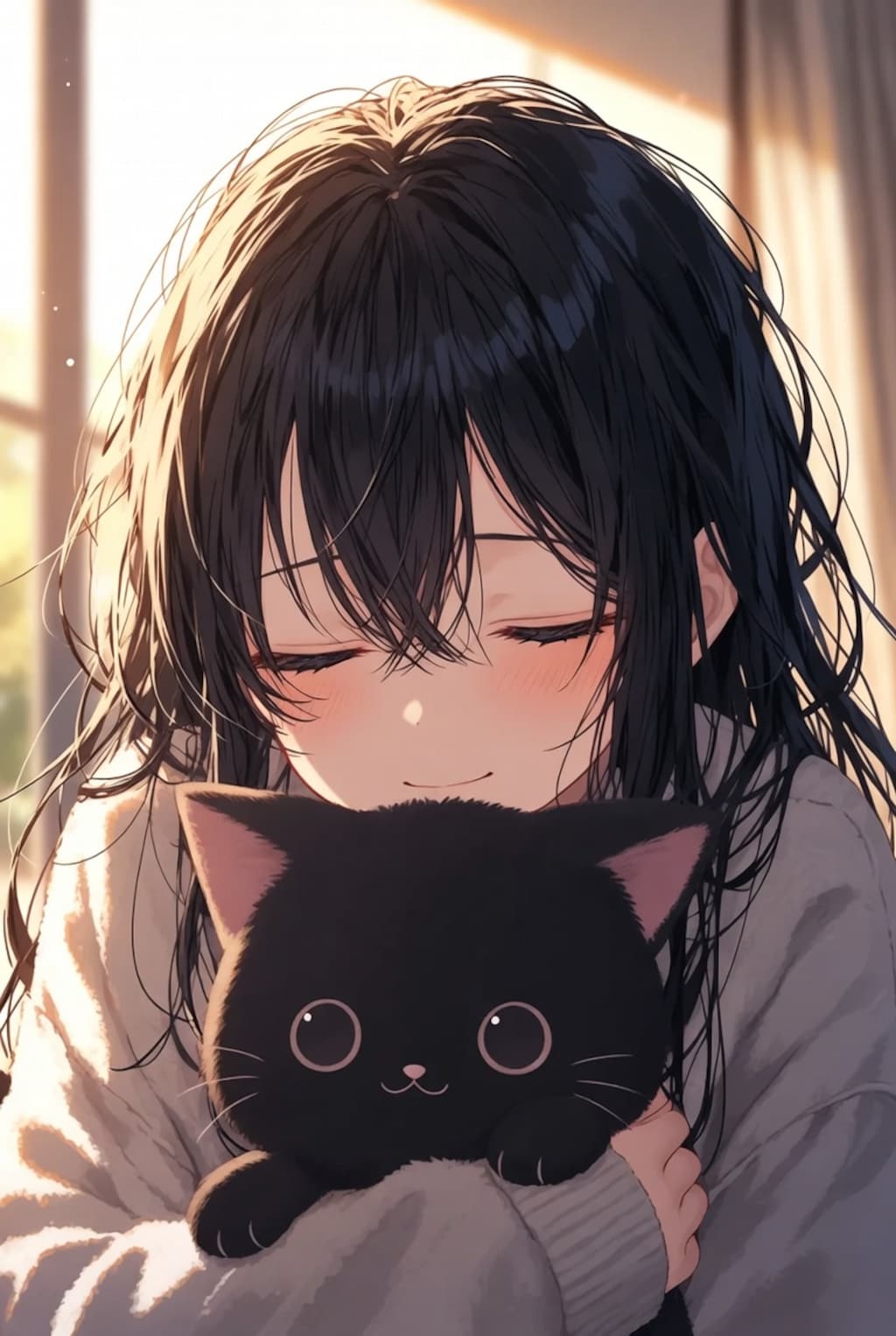 黒髪ロング　ネコをぎゅっと