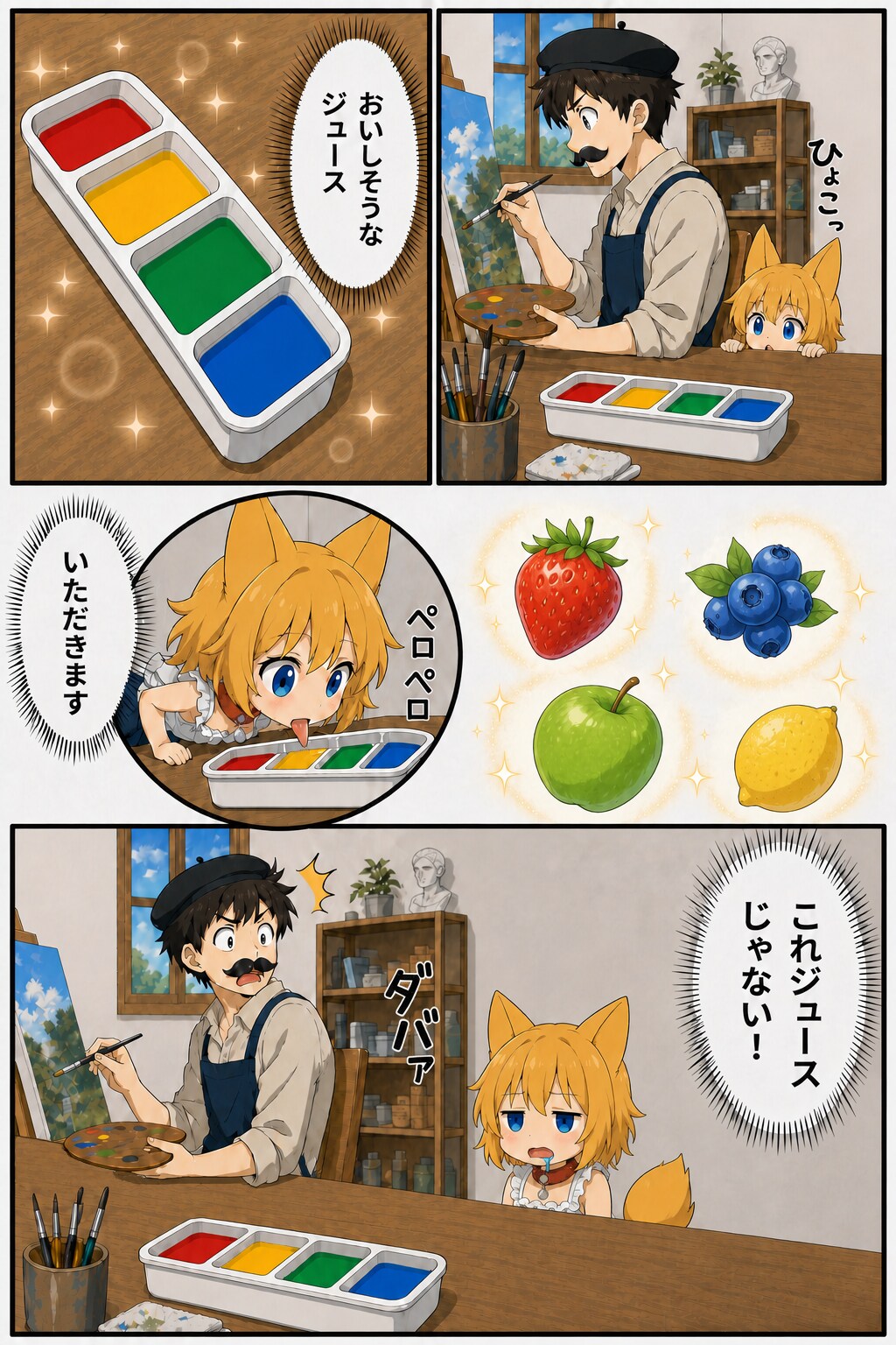 画家の背後に忍び寄りテーブルにおいてあるジュースを失敬するキツネ | の人気AIイラスト・グラビア