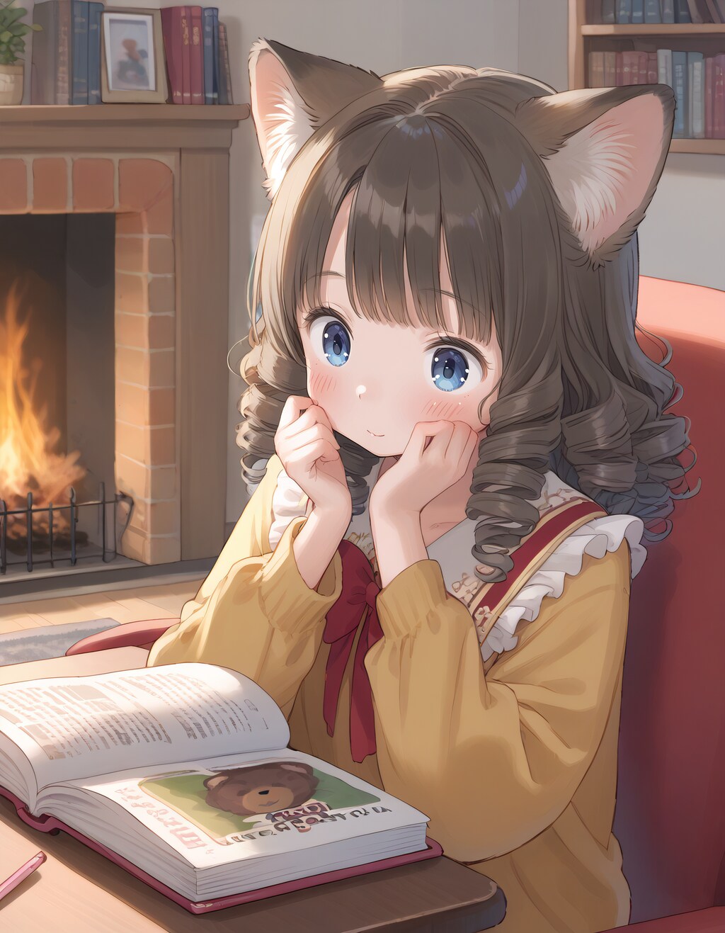 クマの絵本を読むネコミミ娘