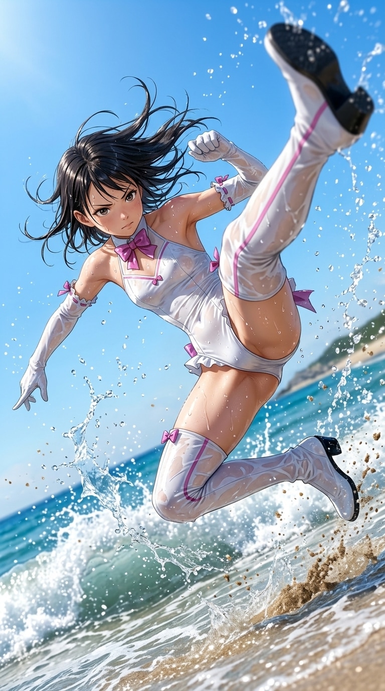海辺で、アクロバティックなキック