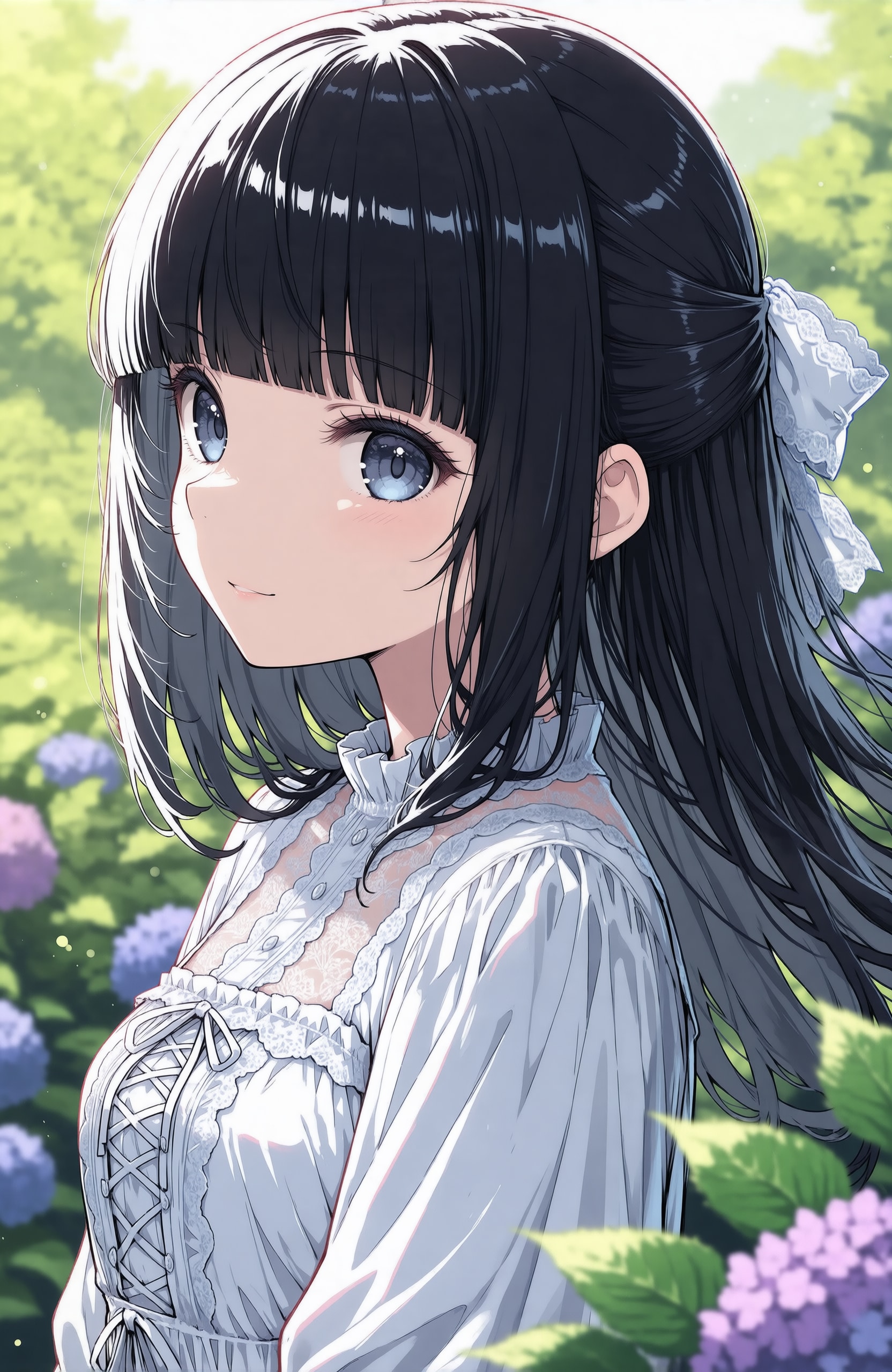 紫陽花と黒髪少女