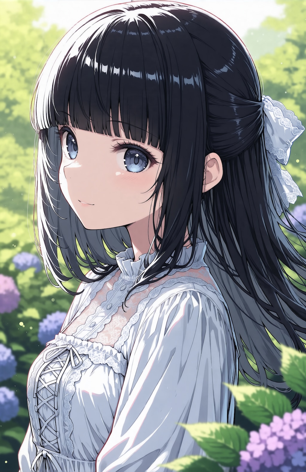 紫陽花と黒髪少女