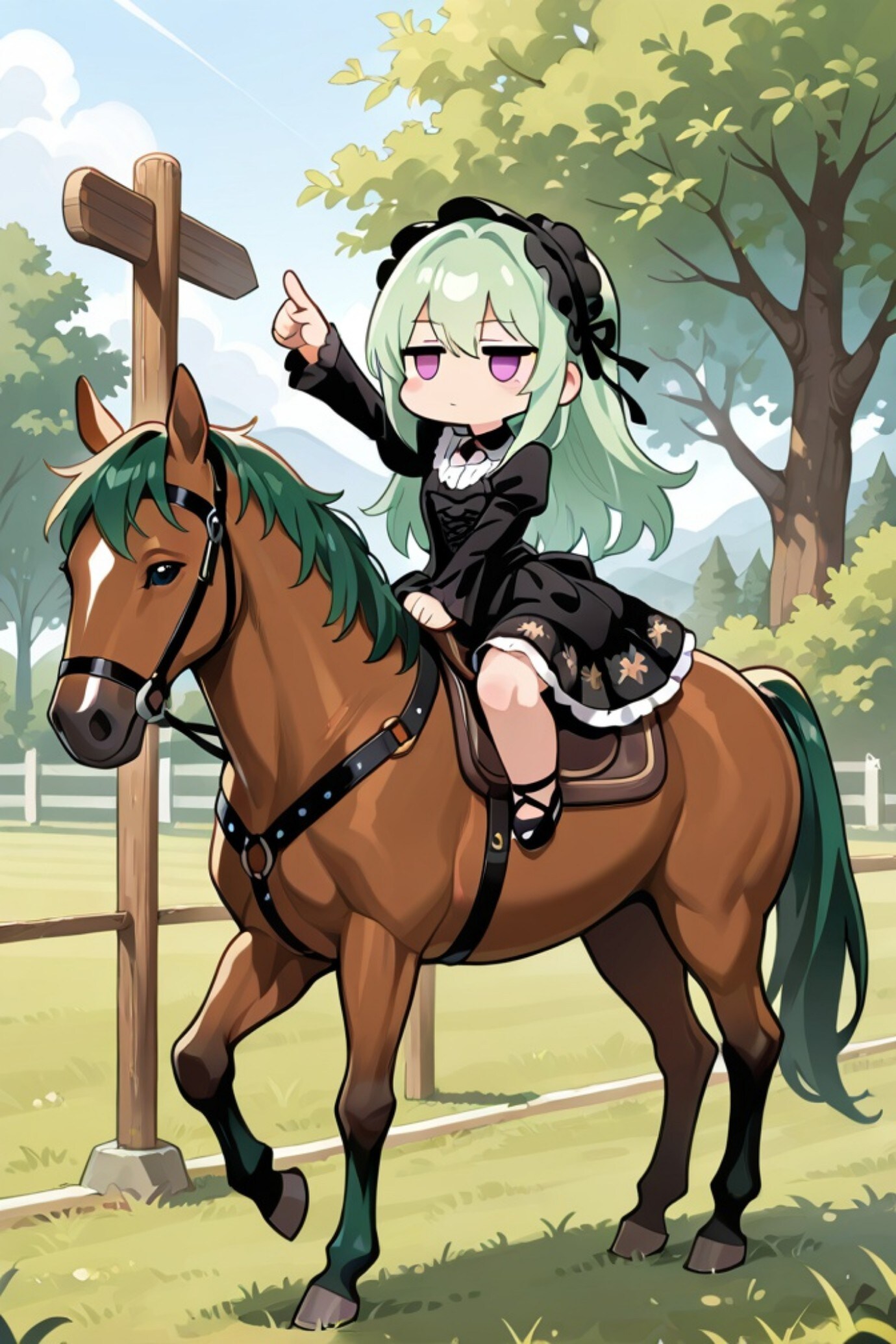 馬に乗る緑髪ちゃん