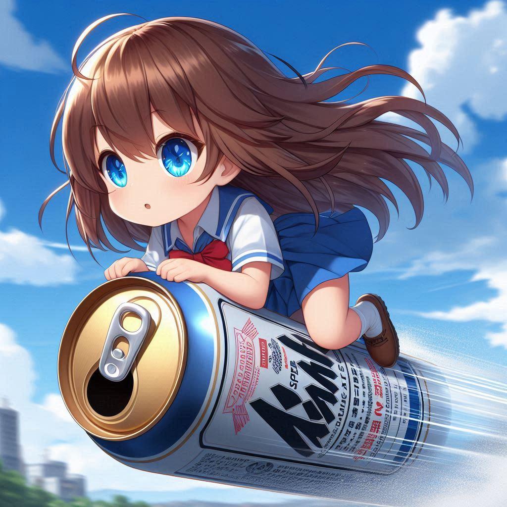 投げたビール缶に乗って空を移動する小さな女の子 | の人気AIイラスト・グラビア
