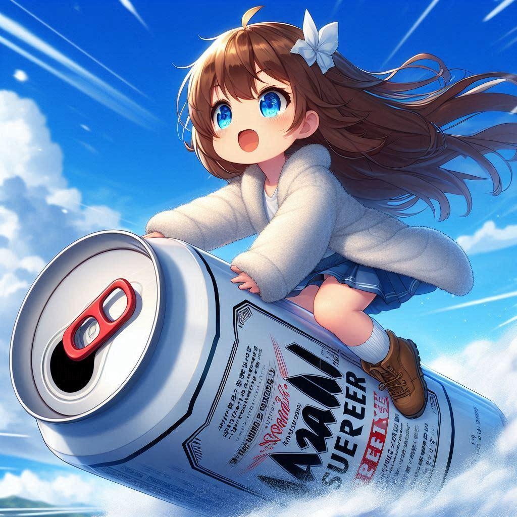 投げたビール缶に乗って空を移動する小さな女の子