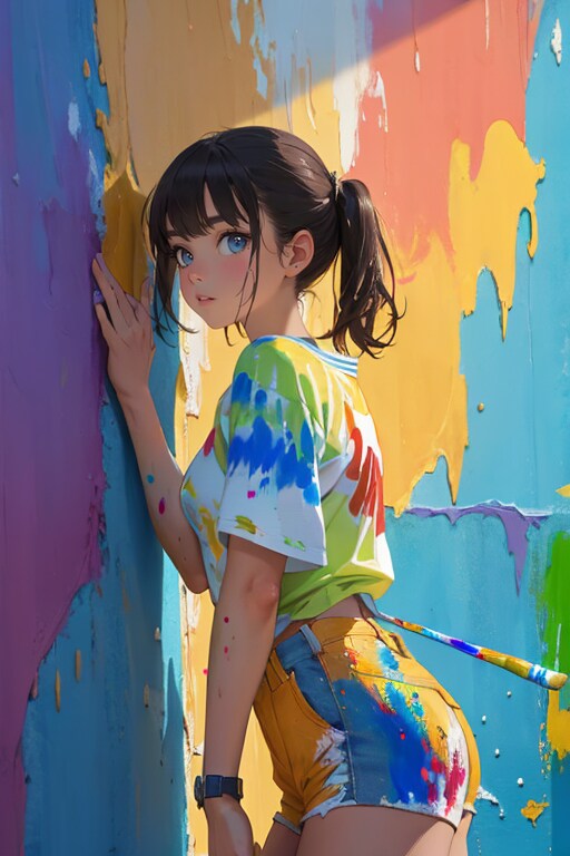 壁にペンキを塗る少女