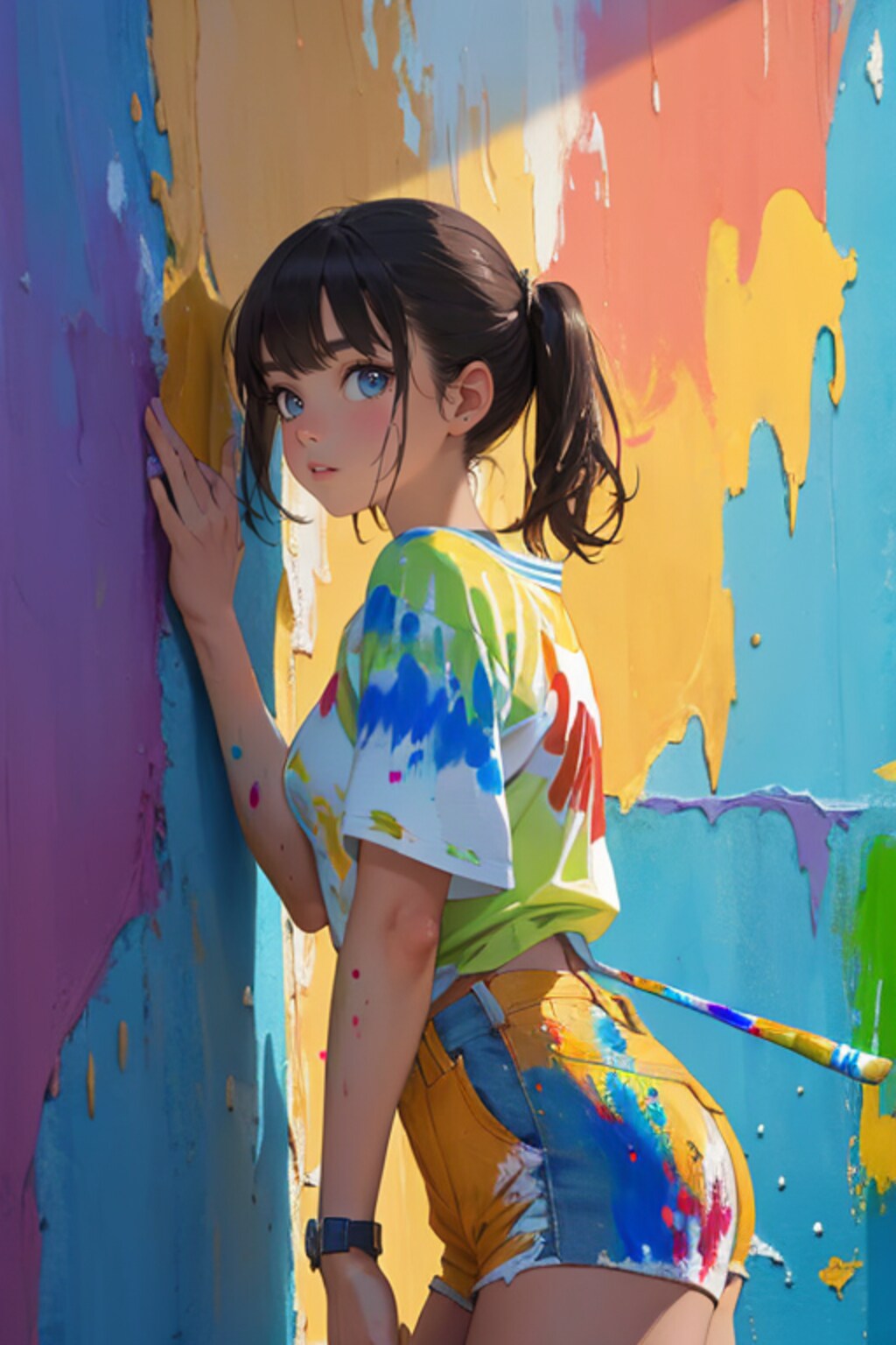 壁にペンキを塗る少女