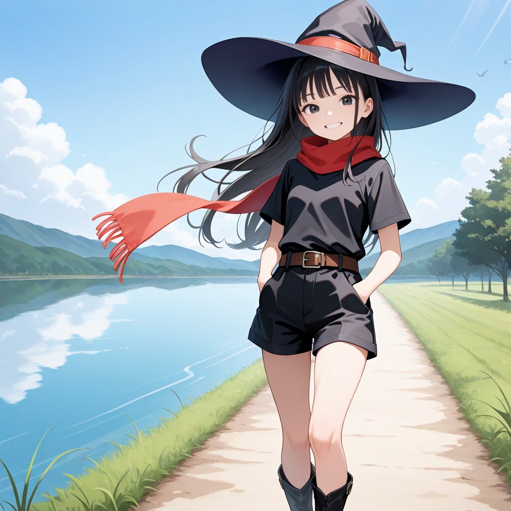 水辺を歩く夏服魔女