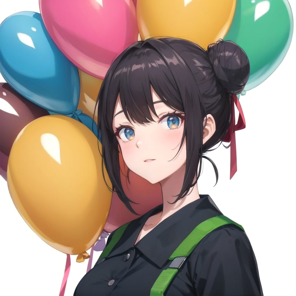 いっぱい風船を持つ黒髪お団子ヘアの美女教師さん | の人気AIイラスト・グラビア