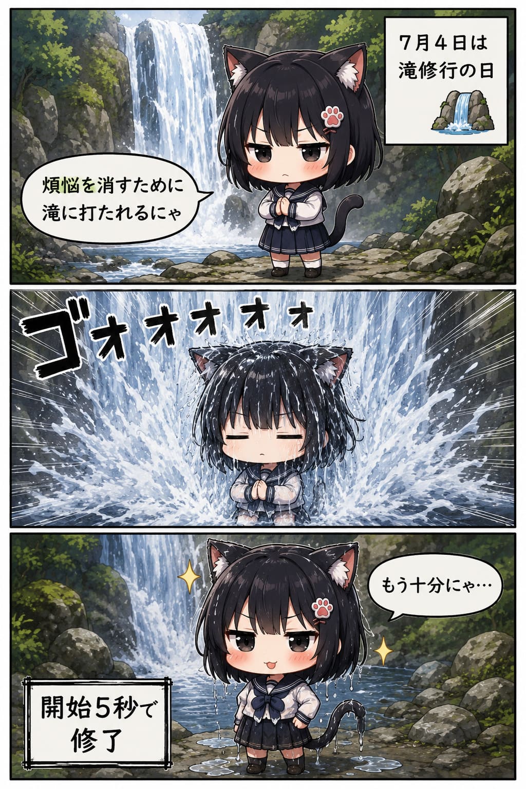 3コマ漫画 2026.07.04. 「滝修行の日」