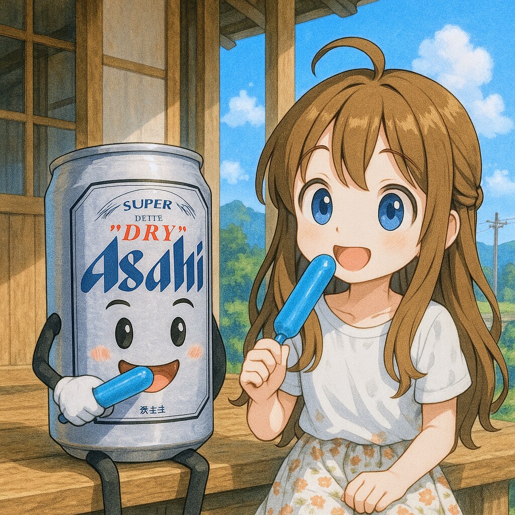 チューペットを食べるビール缶と小さな女の子