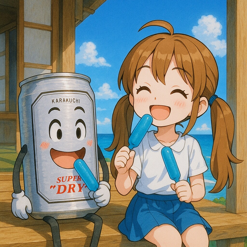 チューペットを食べるビール缶と小さな女の子