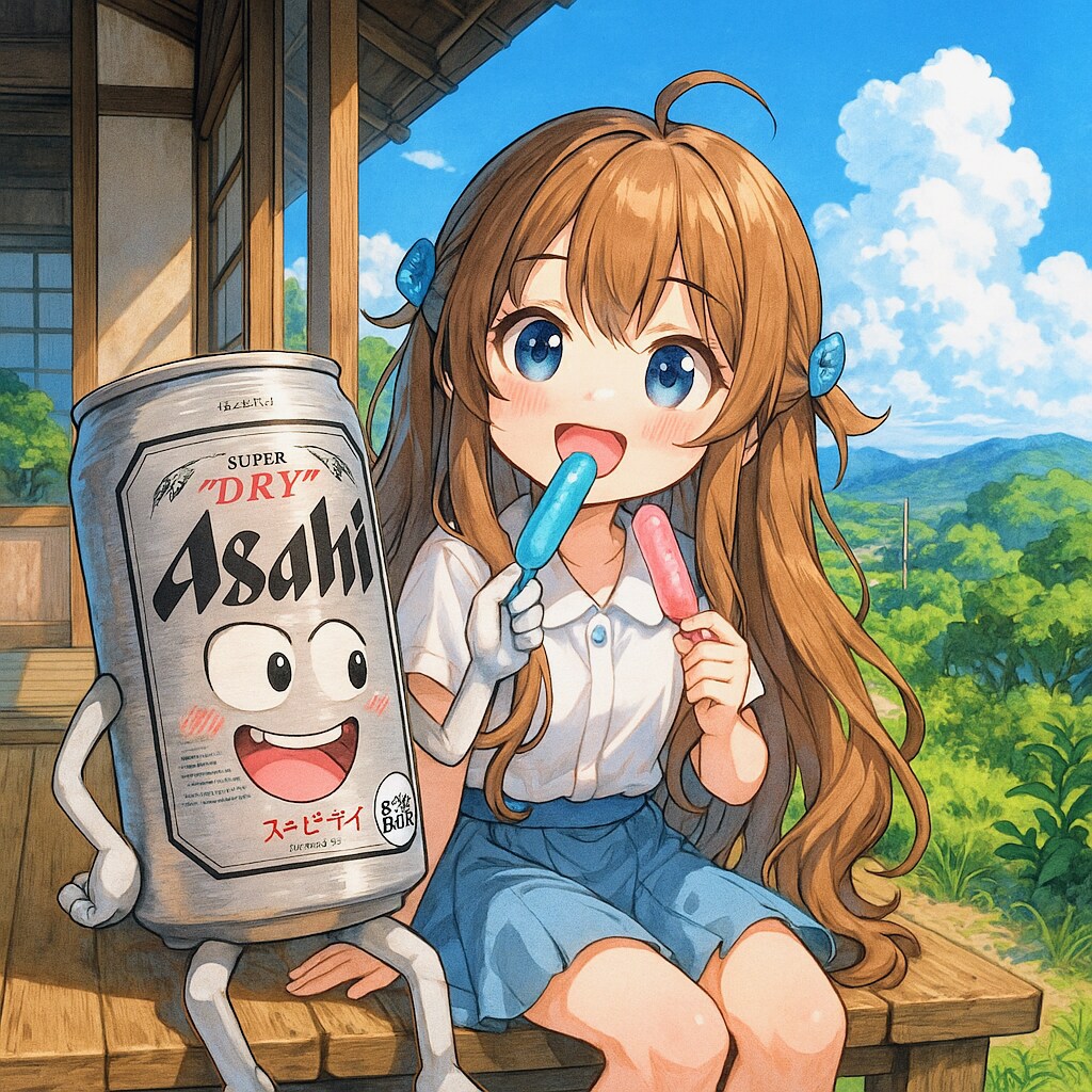 チューペットを食べるビール缶と小さな女の子