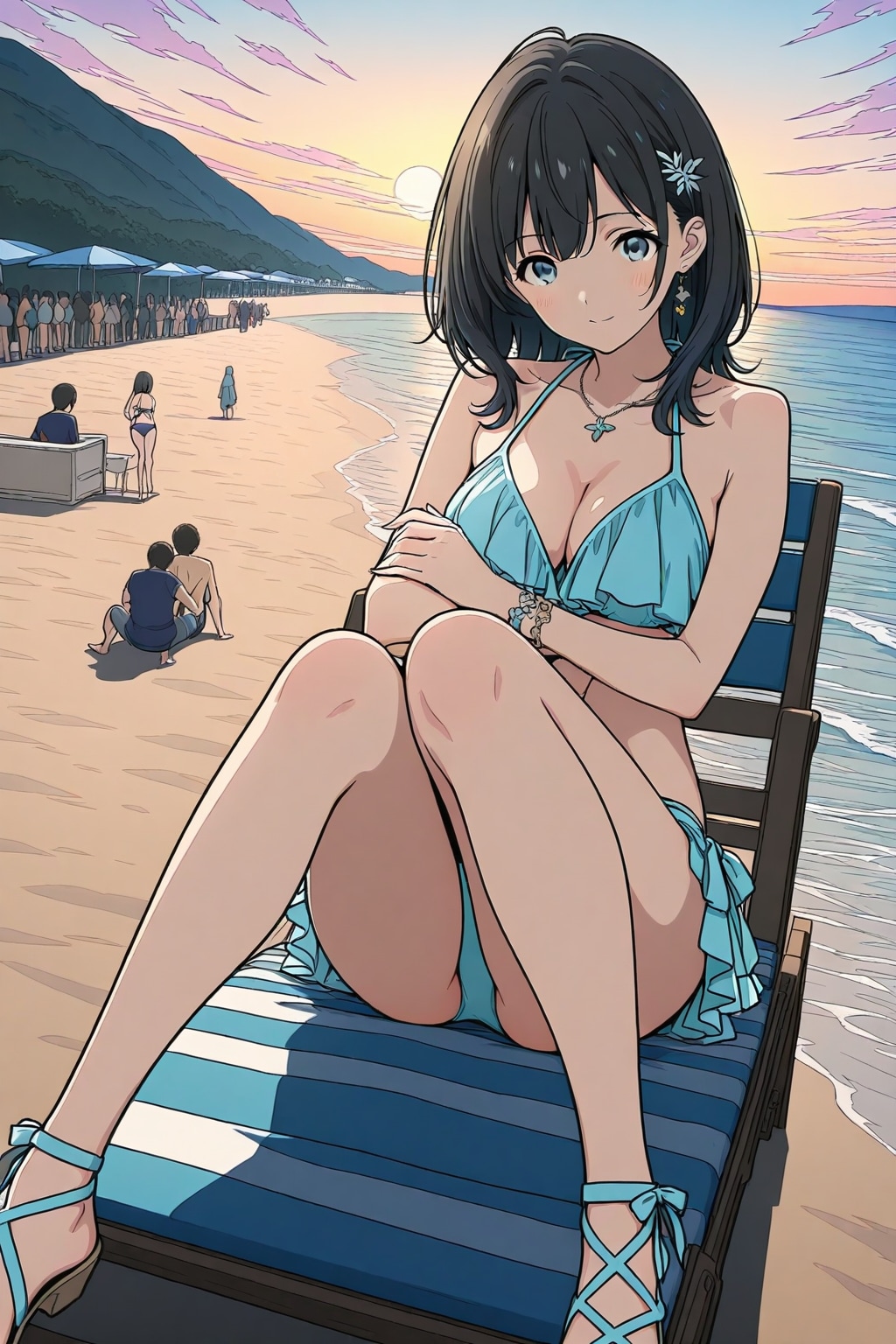 夕暮れの海岸でのんびりと