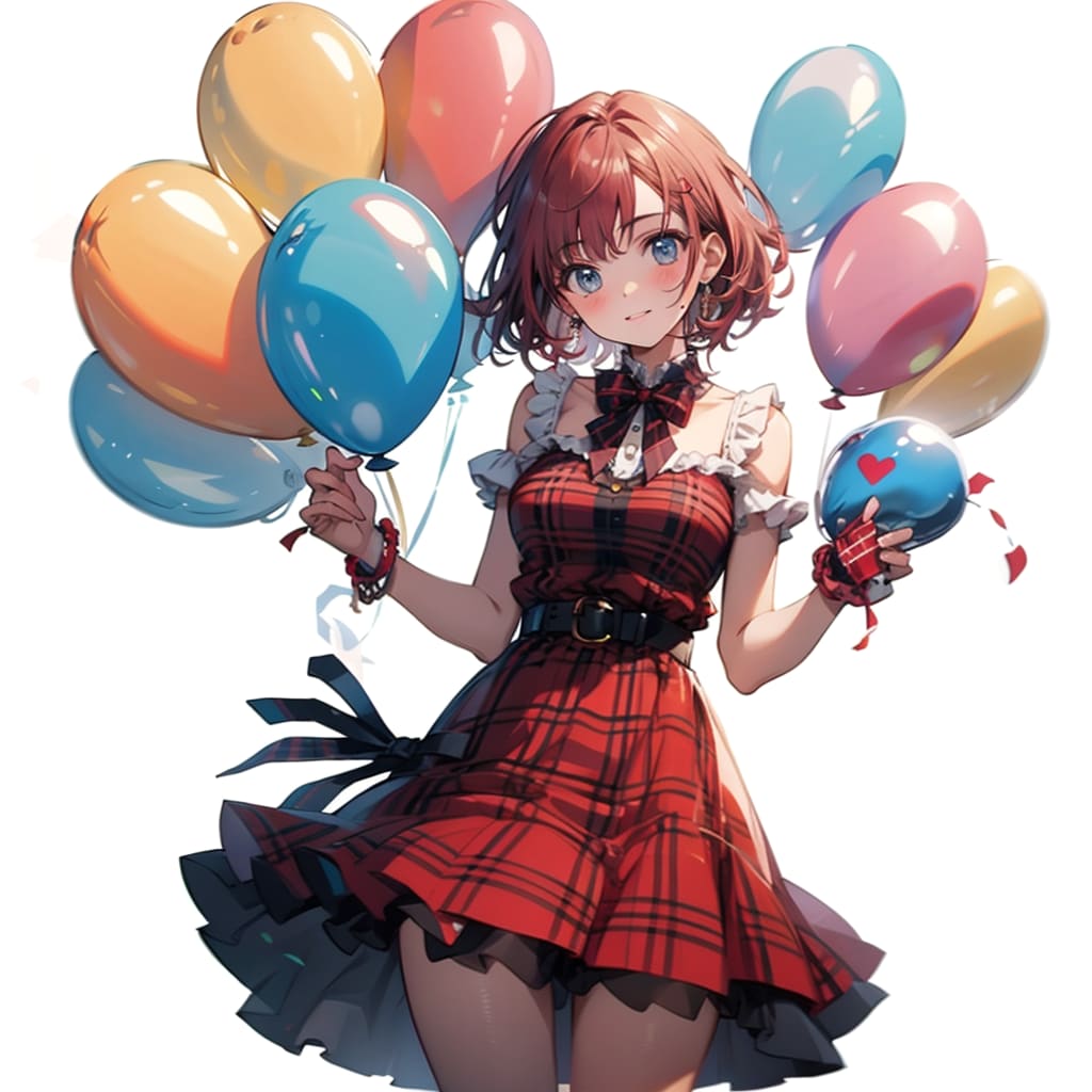 いっぱい色とりどりの風船を持つ赤い髪ショートカットのタータンチェック柄の服着た美少女 | の人気AIイラスト・グラビア