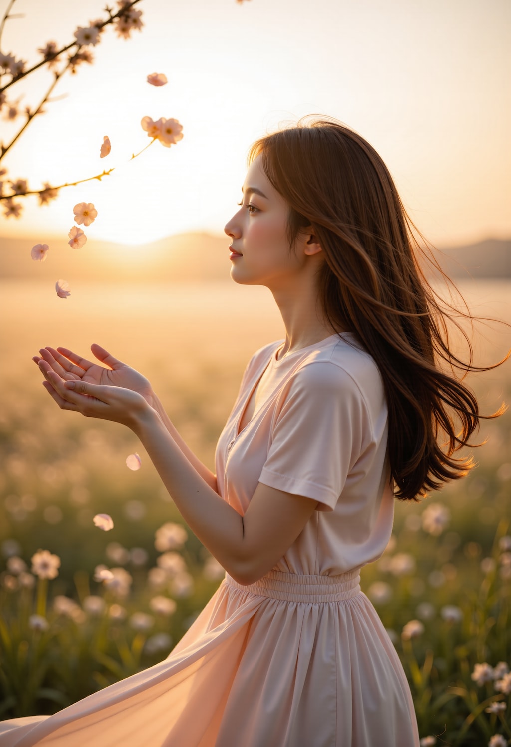 舞い散る花を見つめる女性 3