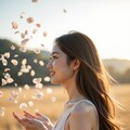 舞い散る花を見つめる女性 3 3枚目